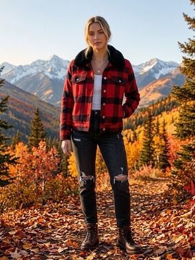 GAP Red & Black Plaid Sherpa-Collar Jean Jacket